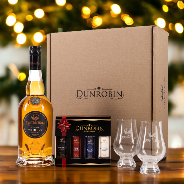 Whisky canadien + 2 verres à whisky en cristal Glencairn + 4 mini-bouteilles - Distilleries Dunrobin