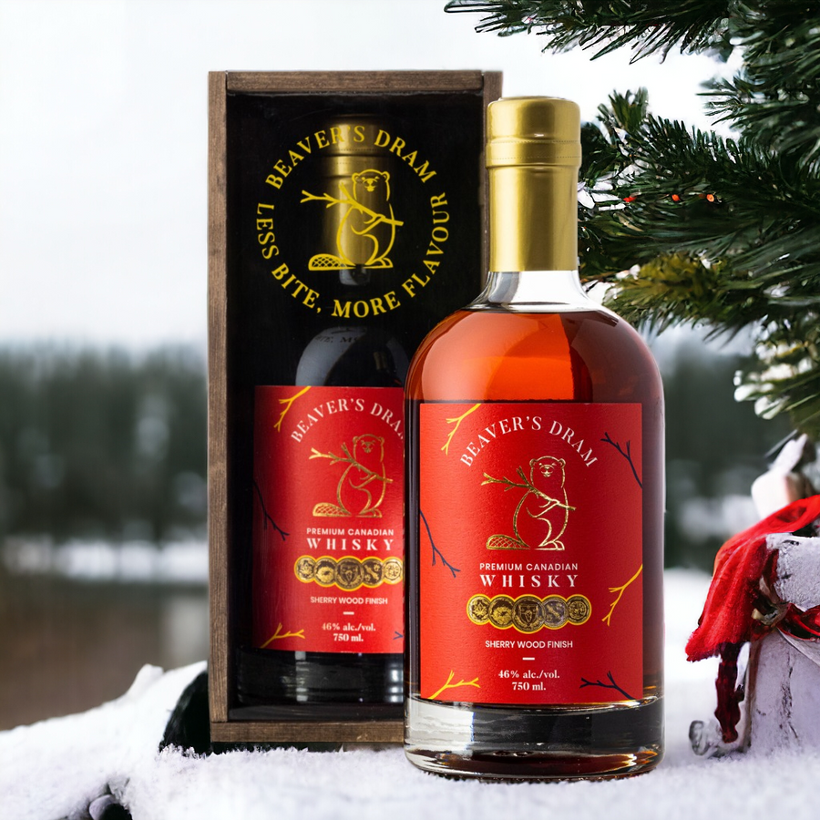Beaver's Dram + Custom Wood Gift Box - Premium Canadian Whisky - Sherry Wood Finish - Dunrobin Distilleries